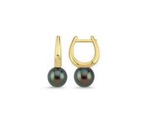 Phi Oval Altın Siyah İnci Küpe 7mm